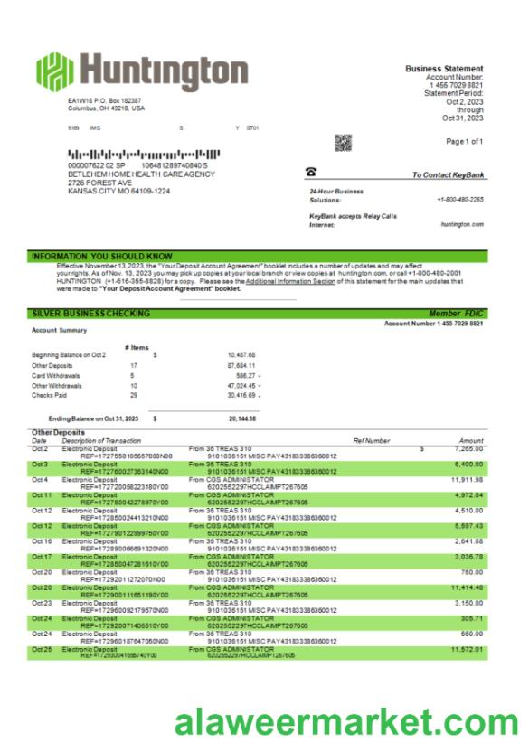Huntington Bancshares corporate bank statement Word and PDF template